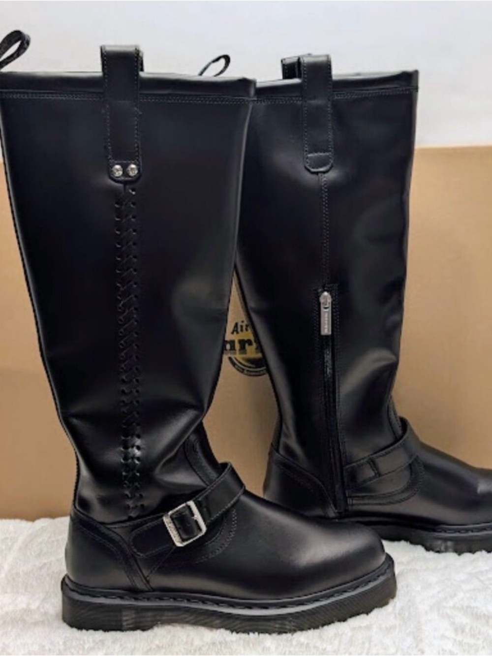 Dr. Martens Anistone Knee High Black Orleans Leather Biker Boots USA 10W/9M - Picture 3 of 8